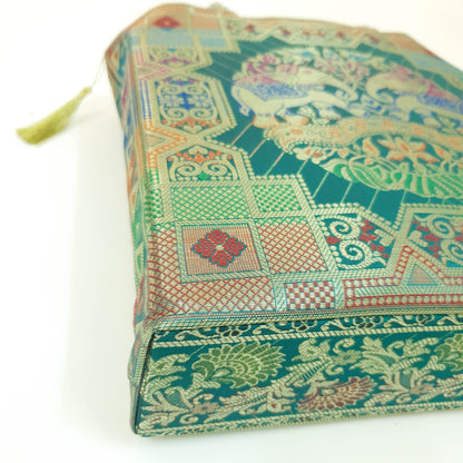 Teal Green Hand Bag Ethnic Banarasi Zari Brocade Golden Tassels Elephant Motif