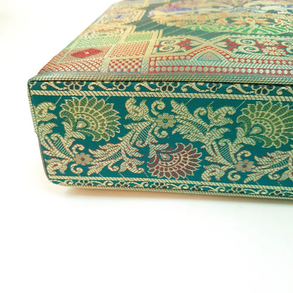 Teal Green Hand Bag Ethnic Banarasi Zari Brocade Golden Tassels Elephant Motif