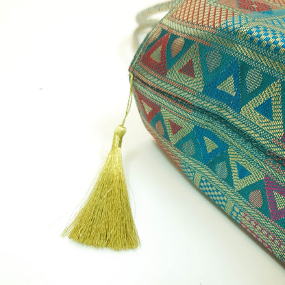 Teal Green Hand Bag Ethnic Banarasi Zari Brocade Golden Tassels Elephant Motif