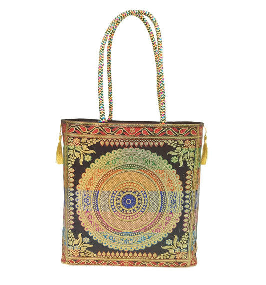 Mandala Indian Handbag Ethnic Woven Zari Brocade Black Traditional Shoulder Bag