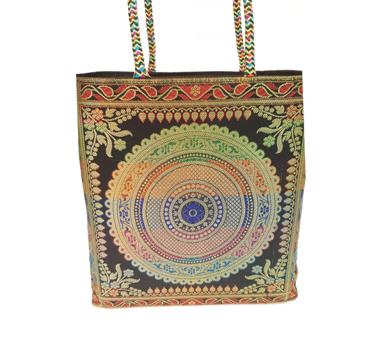 Mandala Indian Handbag Ethnic Woven Zari Brocade Black Traditional Shoulder Bag