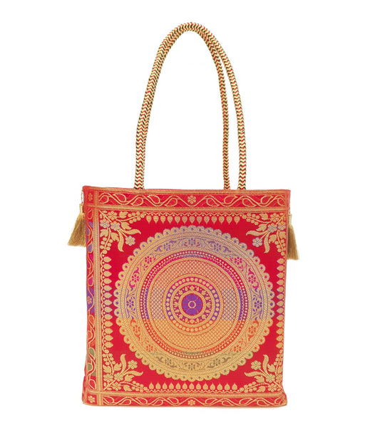 Red Mandala Handbag Indian Ethnic Woven Zari Brocade Traditional Shoulder Bag