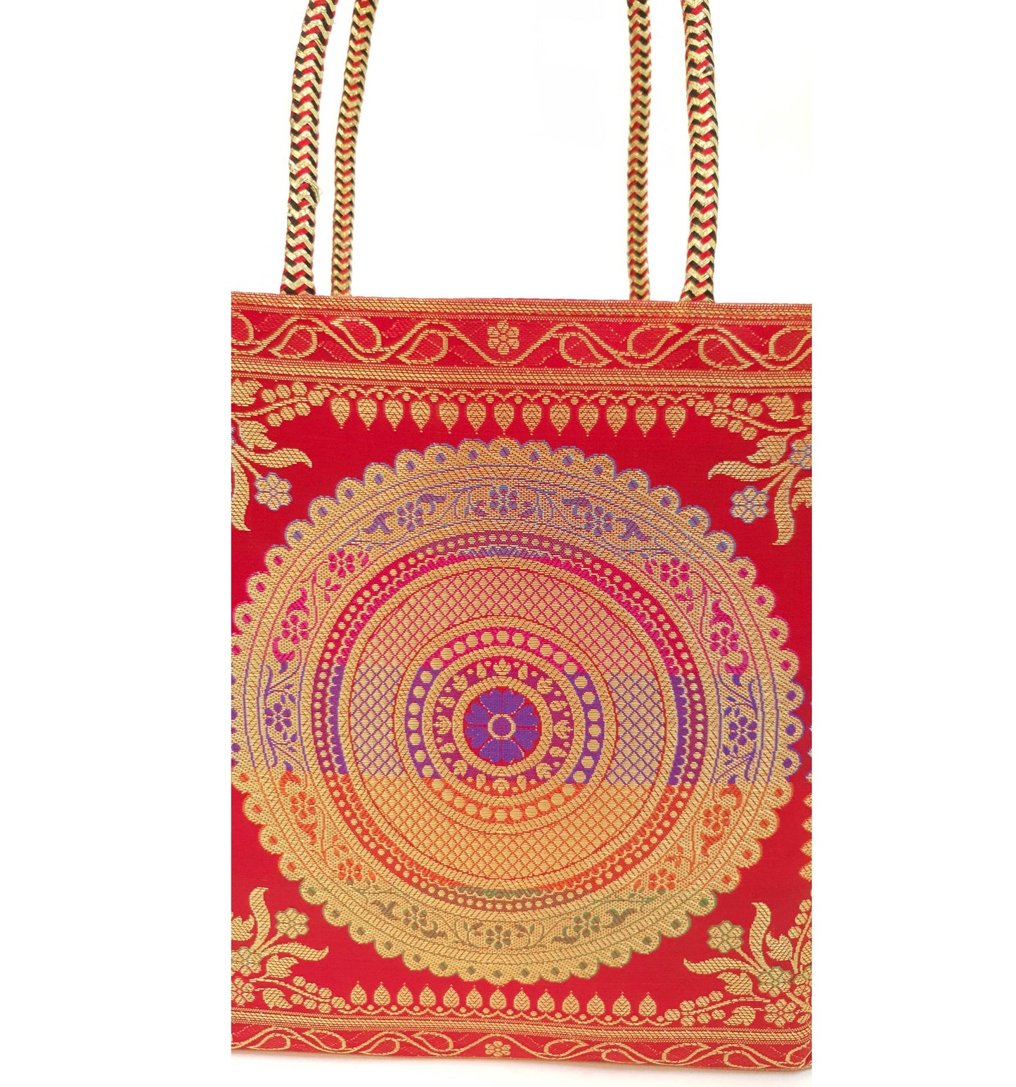Red Mandala Handbag Indian Ethnic Woven Zari Brocade Traditional Shoulder Bag