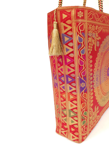Red Mandala Handbag Indian Ethnic Woven Zari Brocade Traditional Shoulder Bag