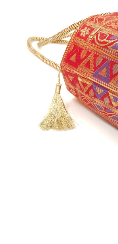 Red Mandala Handbag Indian Ethnic Woven Zari Brocade Traditional Shoulder Bag