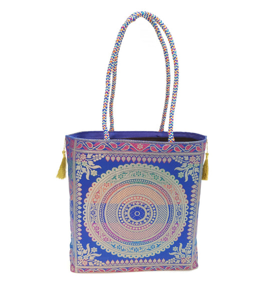 Blue Mandala Handbag Indian Ethnic Woven Zari Brocade Women Shoulder Hand Bag