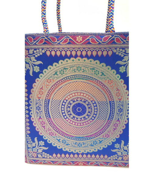 Blue Mandala Handbag Indian Ethnic Woven Zari Brocade Women Shoulder Hand Bag