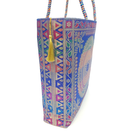 Blue Mandala Handbag Indian Ethnic Woven Zari Brocade Women Shoulder Hand Bag