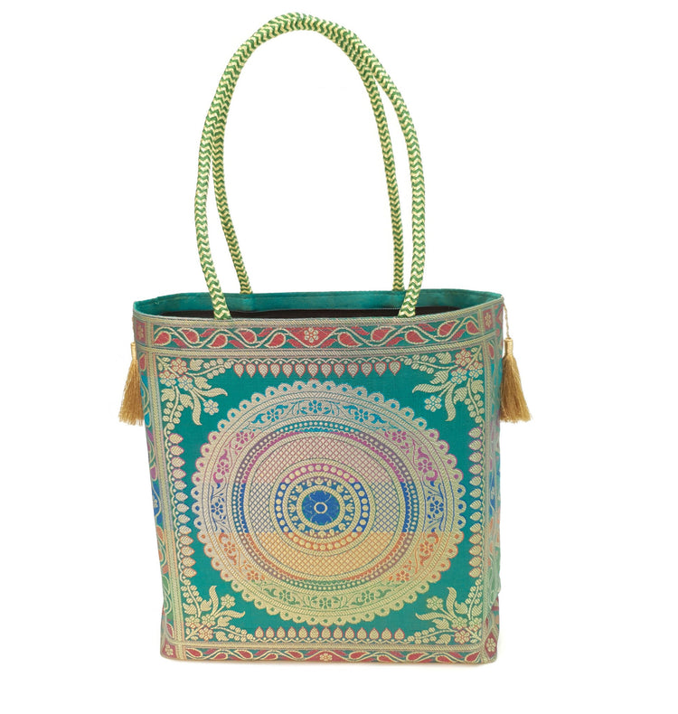 Teal Green Mandala Handbag Indian Ethnic Woven Zari Brocade Shoulder Hand Bag