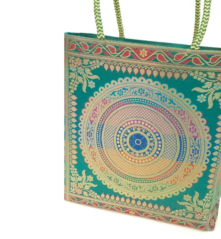 Teal Green Mandala Handbag Indian Ethnic Woven Zari Brocade Shoulder Hand Bag