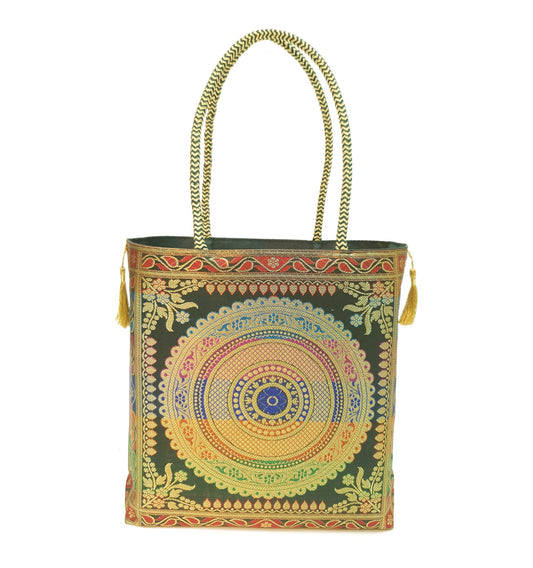 Bottle Green Mandala Handbag Indian Ethnic Woven Zari Brocade Women Shoulder Bag