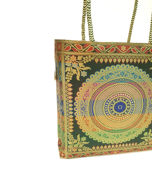 Bottle Green Mandala Handbag Indian Ethnic Woven Zari Brocade Women Shoulder Bag