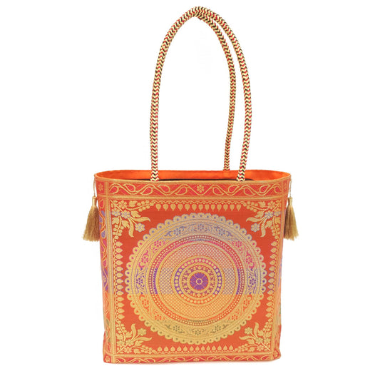 Orange Mandala Handbag Indian Ethnic Woven Zari Brocade Shoulder Hand Bag