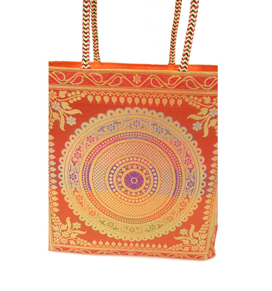 Orange Mandala Handbag Indian Ethnic Woven Zari Brocade Shoulder Hand Bag