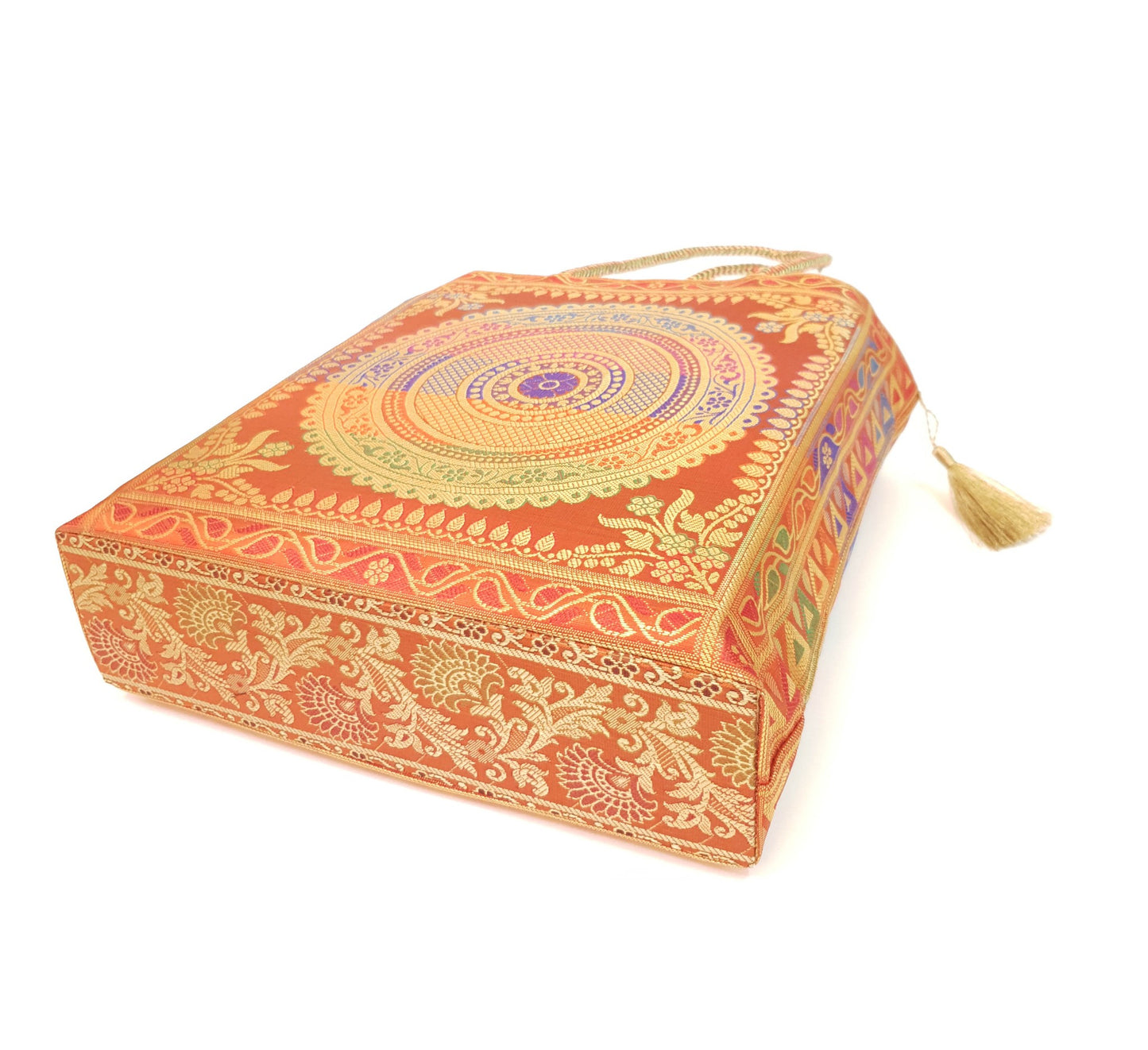 Orange Mandala Handbag Indian Ethnic Woven Zari Brocade Shoulder Hand Bag