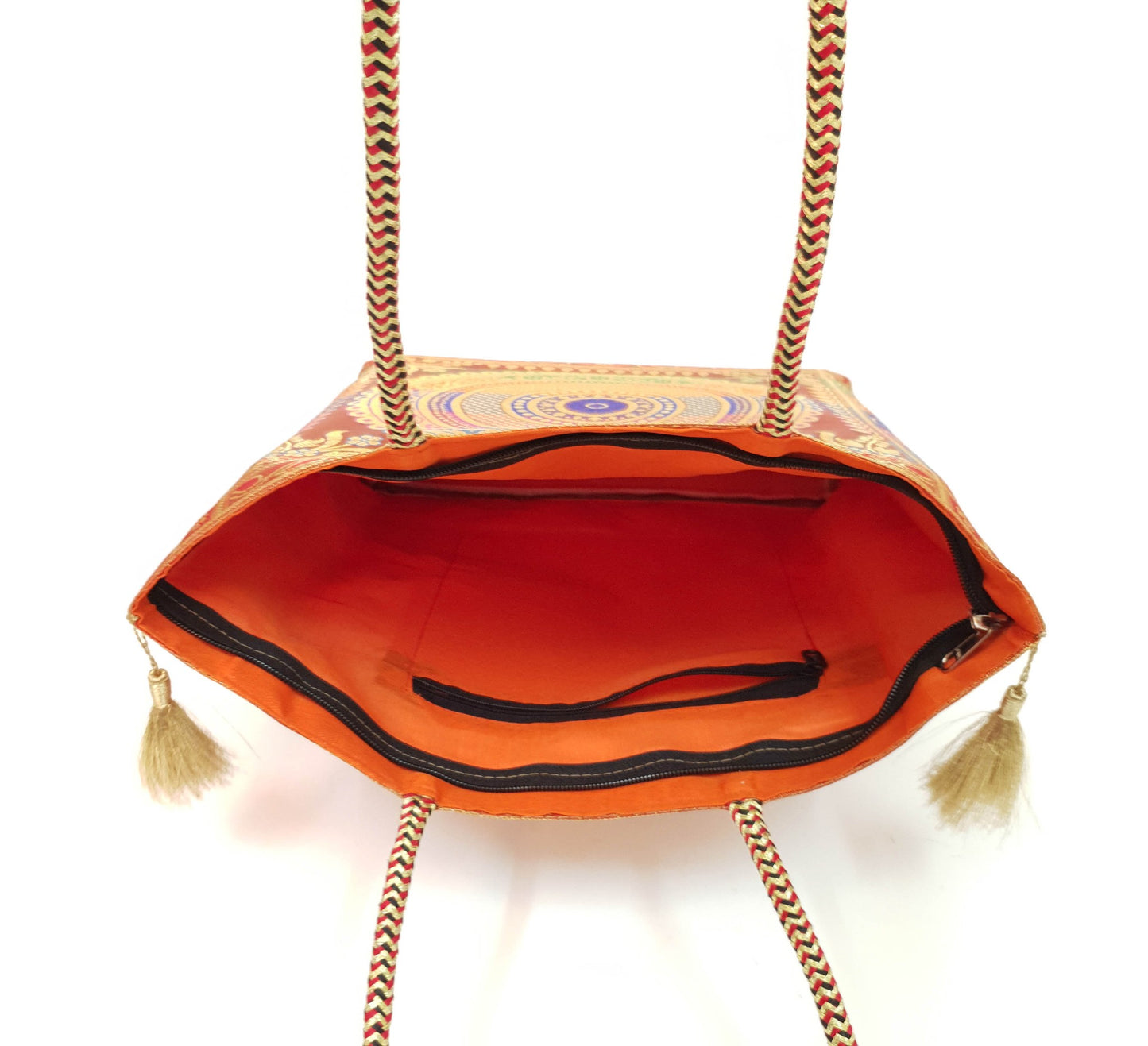 Orange Mandala Handbag Indian Ethnic Woven Zari Brocade Shoulder Hand Bag