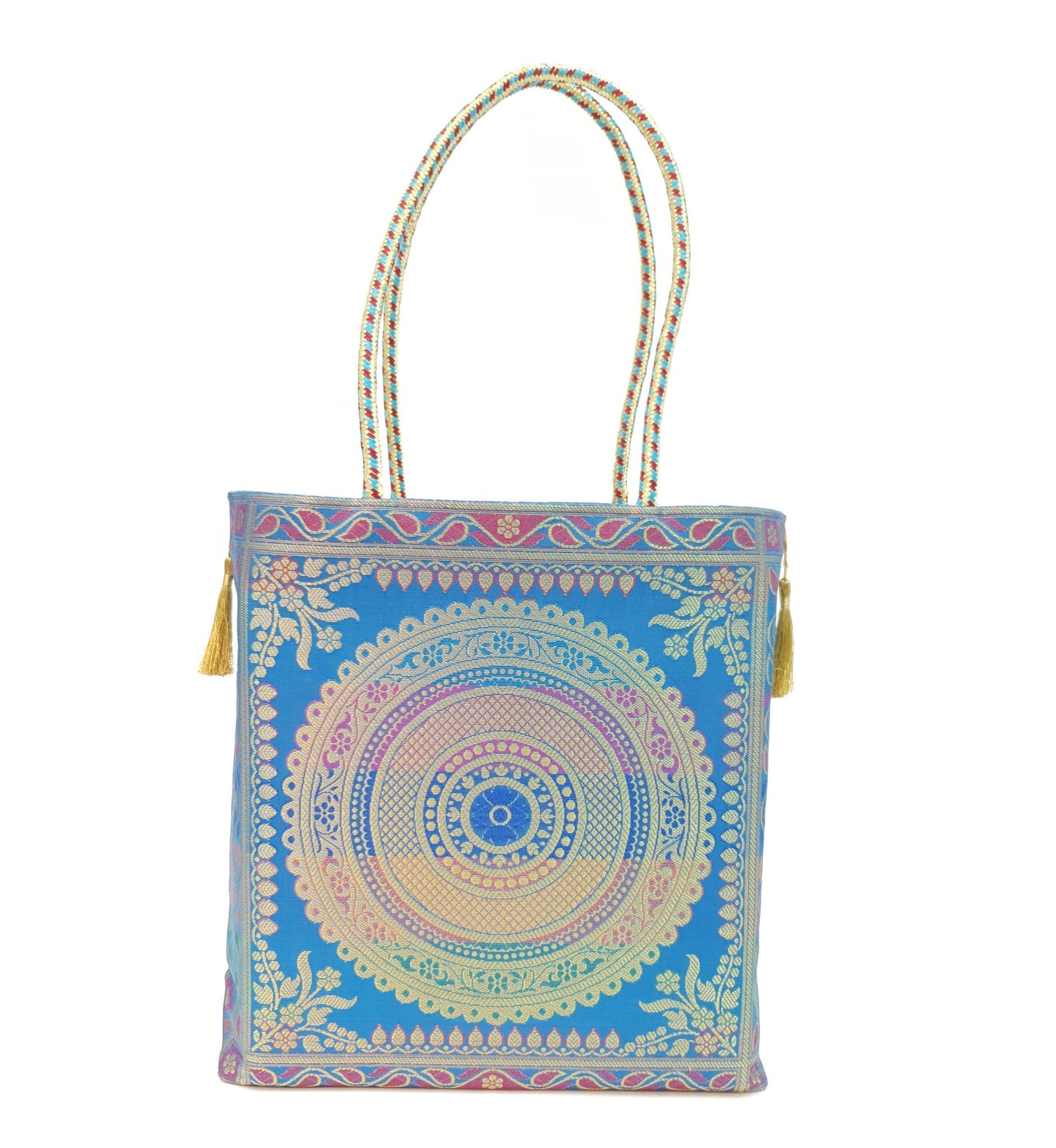 Turquoise Blue Mandala Handbag Indian Ethnic Woven Zari Brocade Shoulder Bag