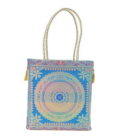 Turquoise Blue Mandala Handbag Indian Ethnic Woven Zari Brocade Shoulder Bag
