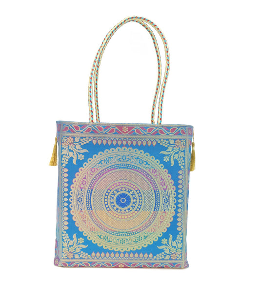 Turquoise Blue Mandala Handbag Indian Ethnic Woven Zari Brocade Shoulder Bag