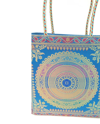 Turquoise Blue Mandala Handbag Indian Ethnic Woven Zari Brocade Shoulder Bag