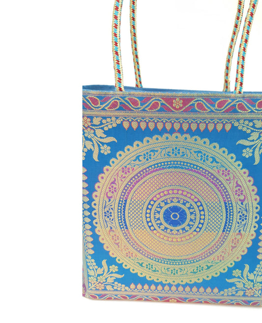 Turquoise Blue Mandala Handbag Indian Ethnic Woven Zari Brocade Shoulder Bag