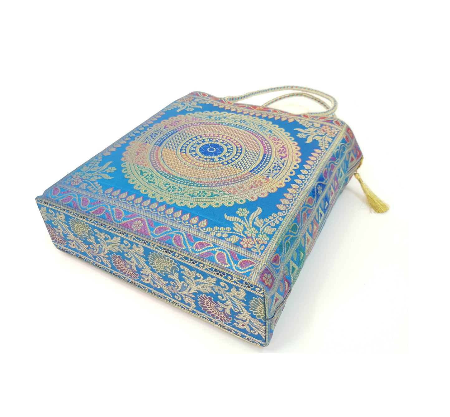 Turquoise Blue Mandala Handbag Indian Ethnic Woven Zari Brocade Shoulder Bag