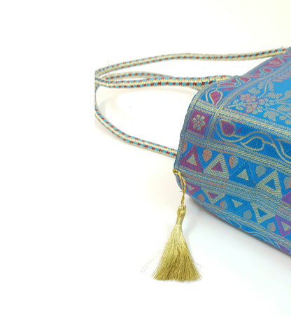 Turquoise Blue Mandala Handbag Indian Ethnic Woven Zari Brocade Shoulder Bag