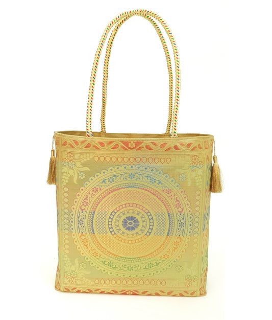 Mandala Beige Handbag Indian Ethnic Woven Zari Brocade Women Shoulder Hand Bag