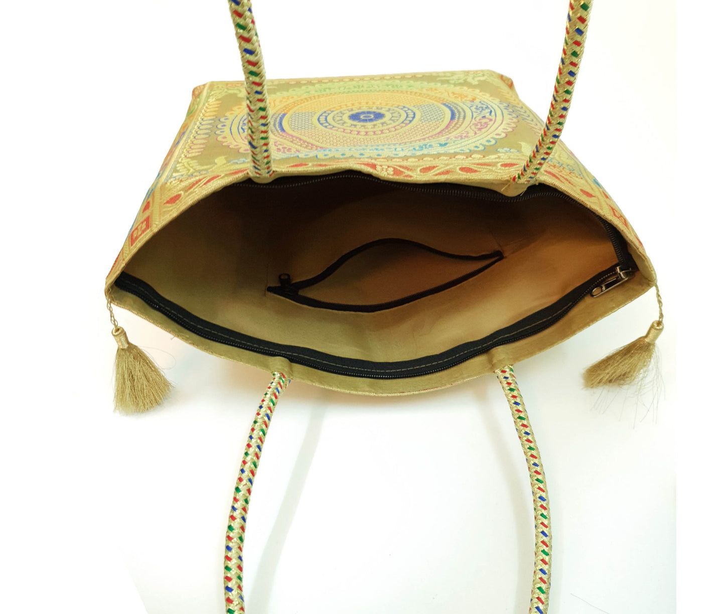 Mandala Beige Handbag Indian Ethnic Woven Zari Brocade Women Shoulder Hand Bag