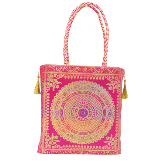 Pink  Mandala Indian Handbag Ethnic Woven Zari Brocade Traditional Shoulder Bag
