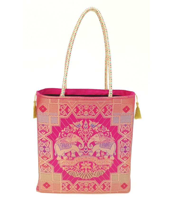 Pink Hand Bag Banarasi Zari Brocade Traditional Golden Tassels in Elephant Motif