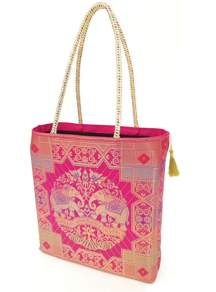 Pink Hand Bag Banarasi Zari Brocade Traditional Golden Tassels in Elephant Motif