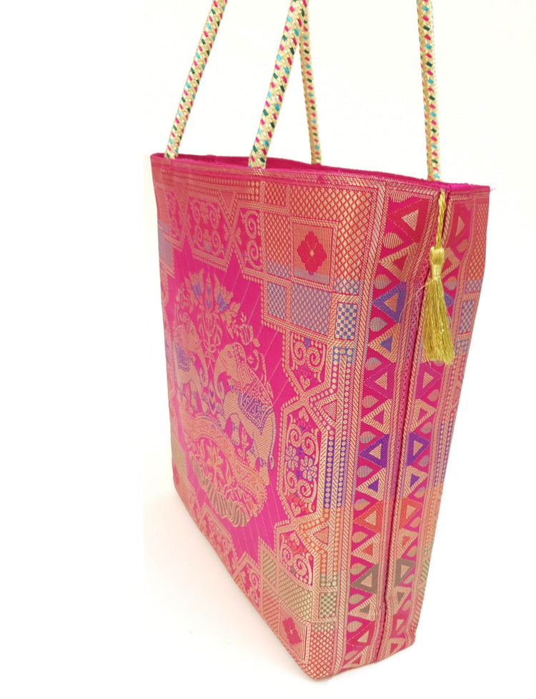 Pink Hand Bag Banarasi Zari Brocade Traditional Golden Tassels in Elephant Motif