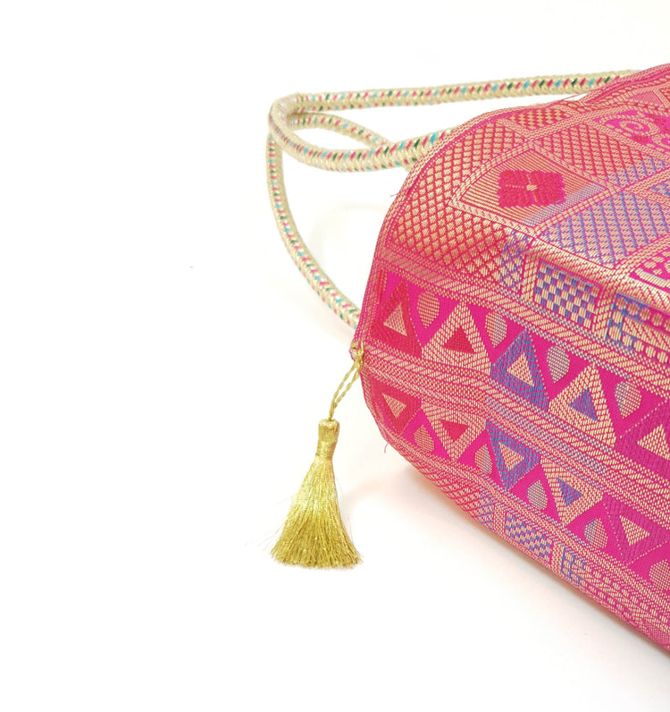 Pink Hand Bag Banarasi Zari Brocade Traditional Golden Tassels in Elephant Motif