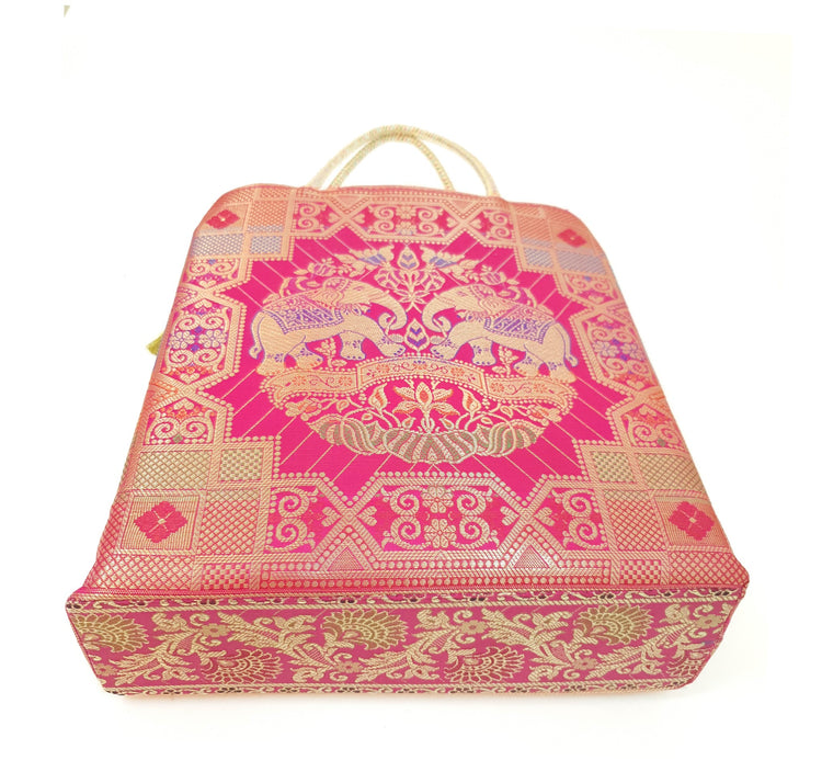 Pink Hand Bag Banarasi Zari Brocade Traditional Golden Tassels in Elephant Motif