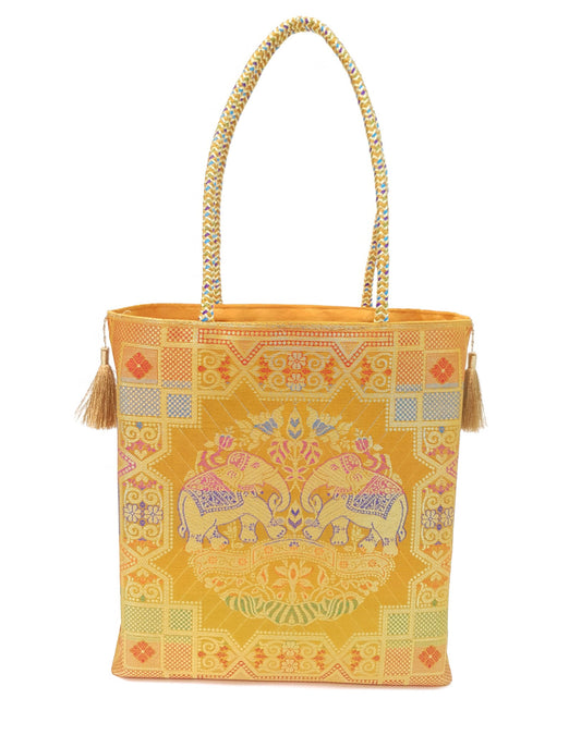 Mustard Hand Bag Ethnic Banarasi Zari Brocade Golden Tassels In Elephant Motif
