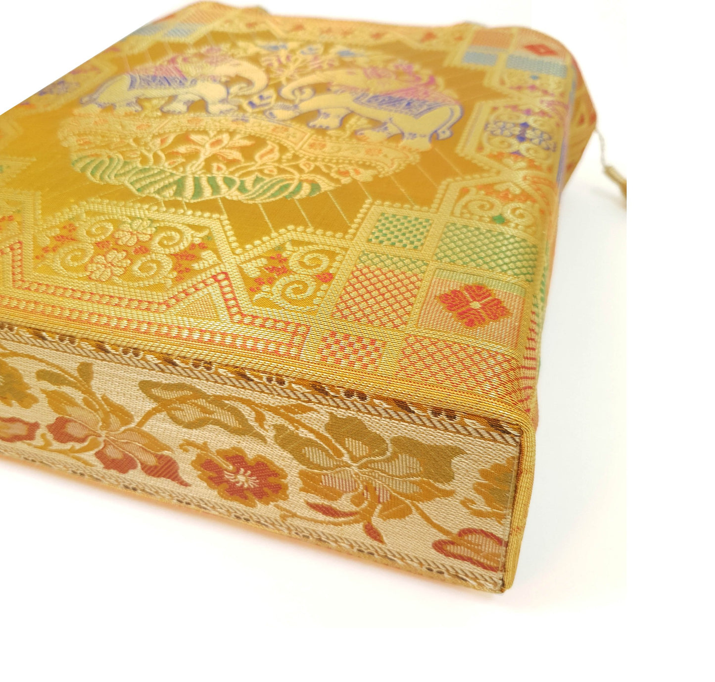 Mustard Hand Bag Ethnic Banarasi Zari Brocade Golden Tassels In Elephant Motif