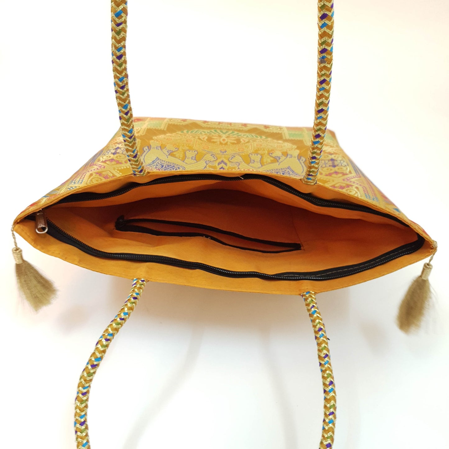 Mustard Hand Bag Ethnic Banarasi Zari Brocade Golden Tassels In Elephant Motif