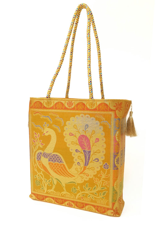 Mustard Handbag Indian Ethnic Peacock Woven Zari Brocade Fabric Shoulder Bag