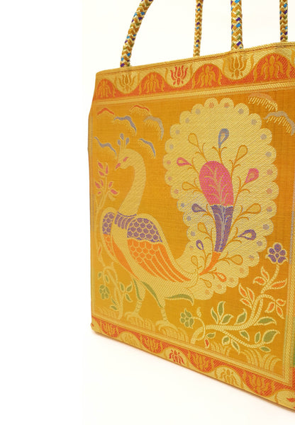 Mustard Handbag Indian Ethnic Peacock Woven Zari Brocade Fabric Shoulder Bag
