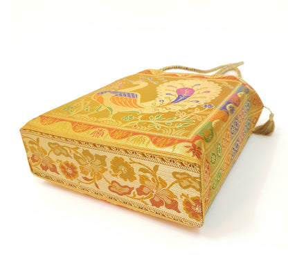 Mustard Handbag Indian Ethnic Peacock Woven Zari Brocade Fabric Shoulder Bag