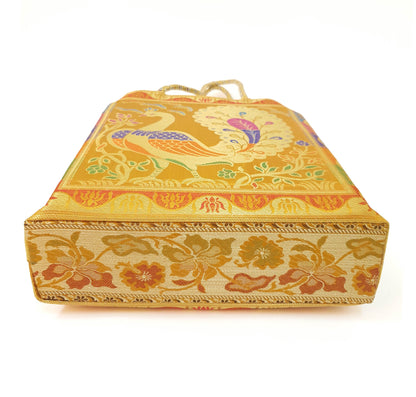Mustard Handbag Indian Ethnic Peacock Woven Zari Brocade Fabric Shoulder Bag