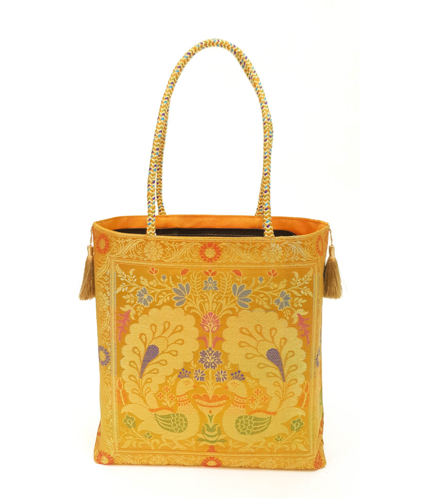 Mustard Peacock Woven Handbag Indian Traditional Zari Brocade Women Shoulder Bag