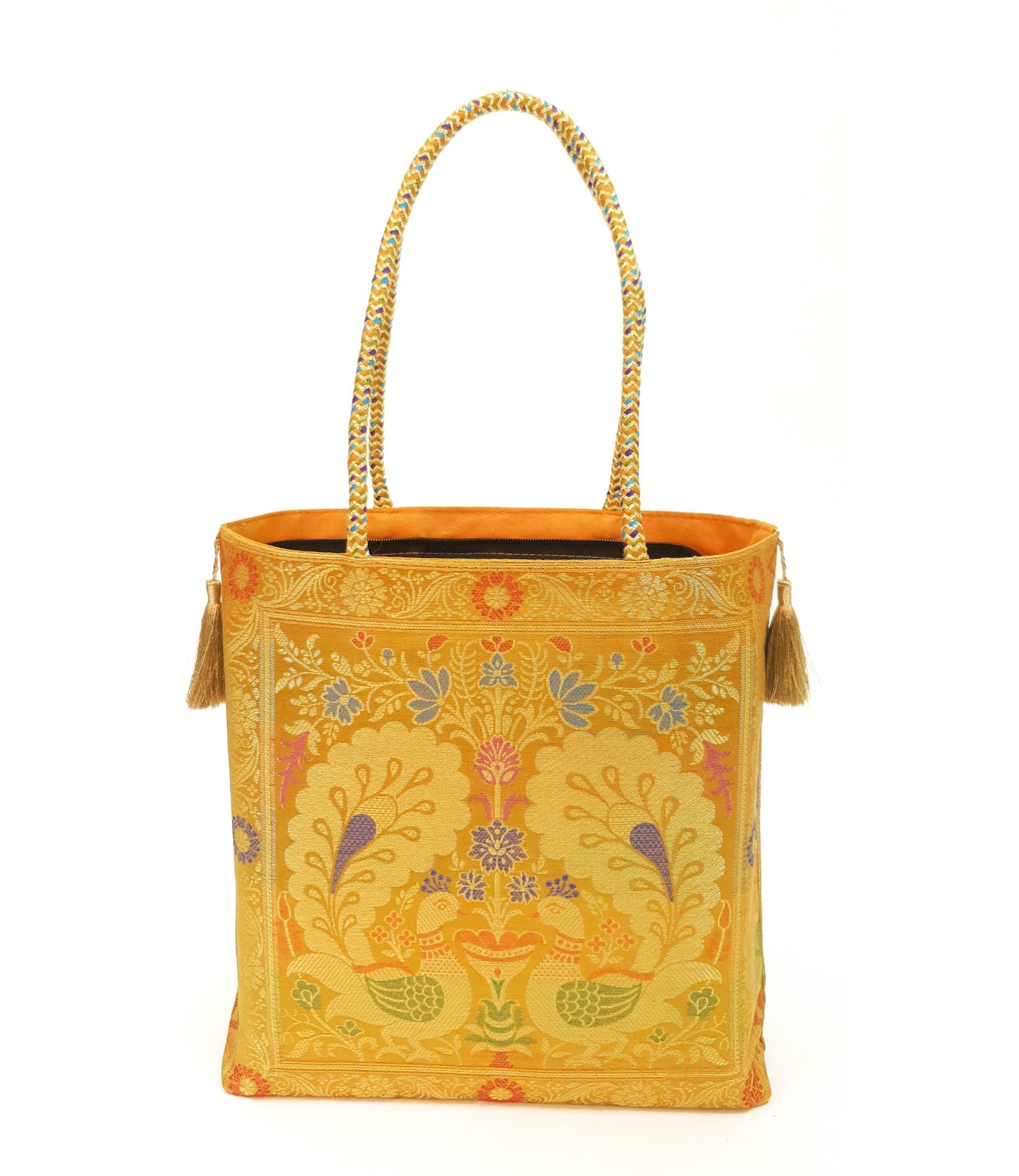 Mustard Peacock Woven Handbag Indian Traditional Zari Brocade Women Shoulder Bag