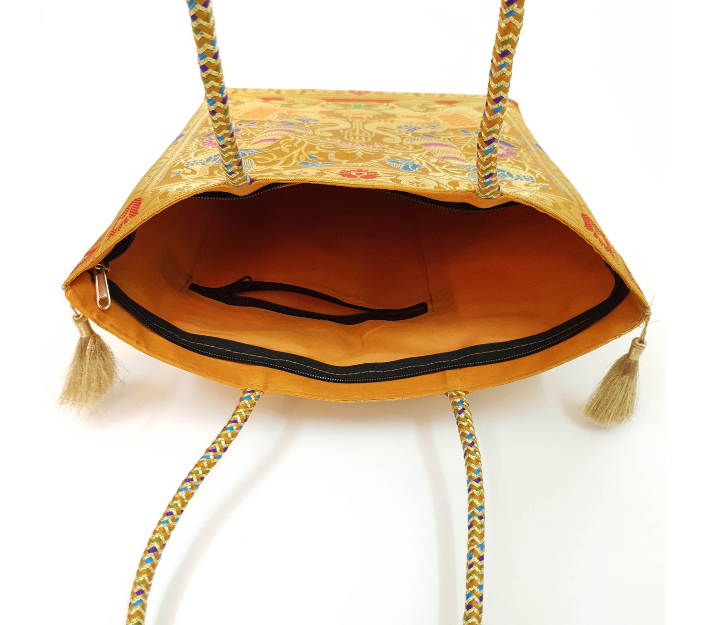 Mustard Handbag Indian Ethnic Peacock Elephant Woven Zari Brocade Shoulder Bag