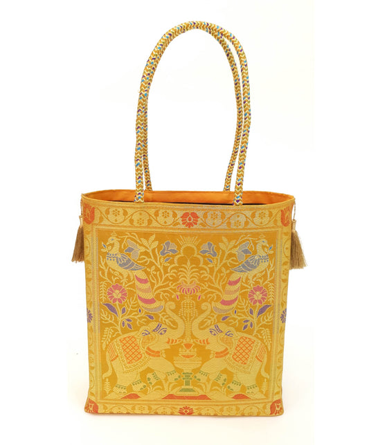 Mustard Handbag Indian Ethnic Peacock Elephant Woven Zari Brocade Shoulder Bag