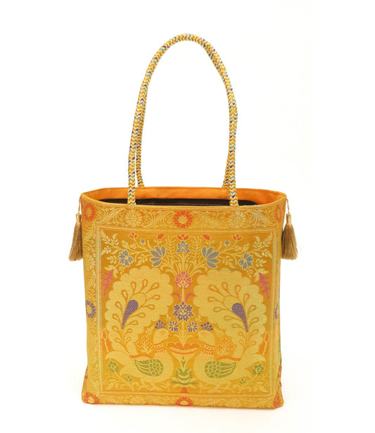 Mustard Peacock Woven Handbag Indian Traditional Zari Brocade Women Shoulder Bag