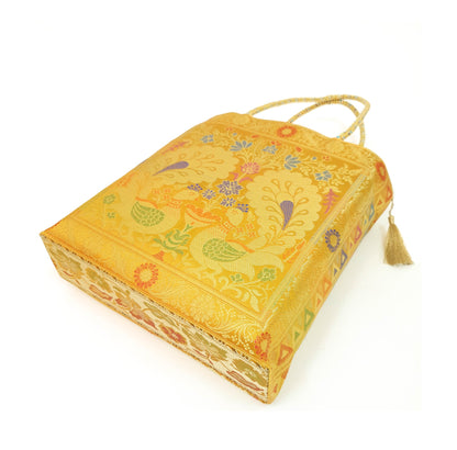 Mustard Peacock Woven Handbag Indian Traditional Zari Brocade Women Shoulder Bag