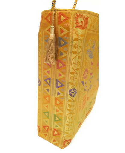 Mustard Handbag Indian Ethnic Peacock Elephant Woven Zari Brocade Shoulder Bag