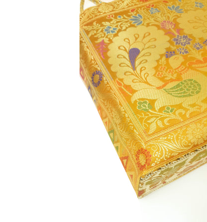 Mustard Peacock Woven Handbag Indian Traditional Zari Brocade Women Shoulder Bag